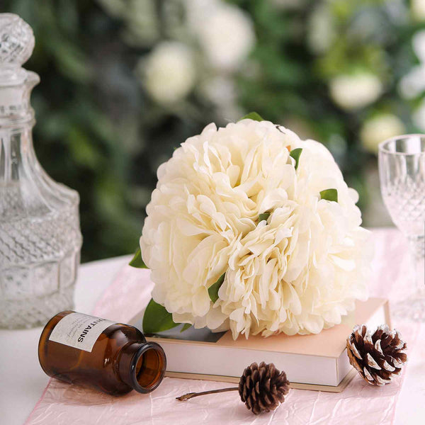 5 Heads | 11" Tall Artificial Peony Bouquet Blush Cream | Silk Flowers Factory