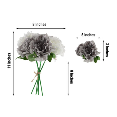 5 Heads | 11" Tall Artificial Bush Peony Bouquet - Gray | White
