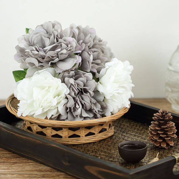 5 Heads | 11" Tall Artificial Bush Peony Bouquet - Gray | White
