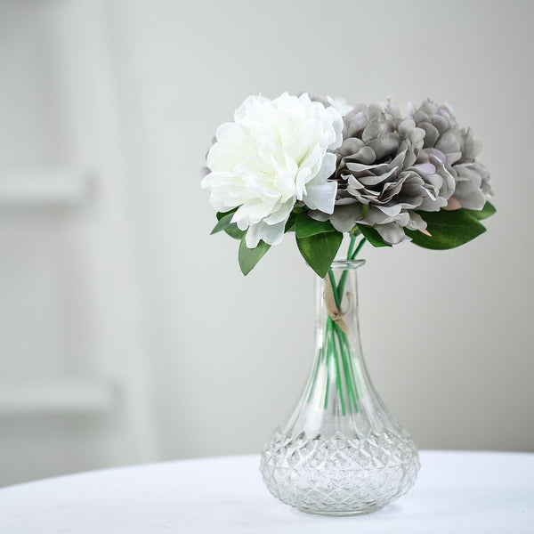 5 Heads | 11" Tall Artificial Bush Peony Bouquet - Gray | White