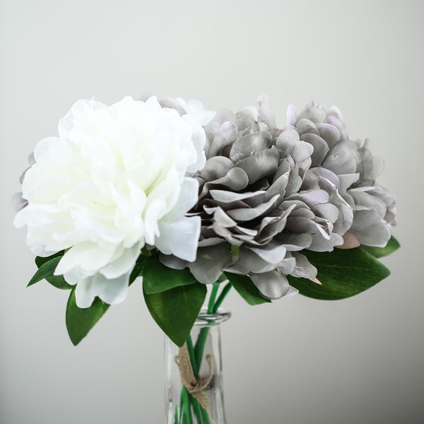5 Heads | 11" Tall Artificial Bush Peony Bouquet - Gray | White