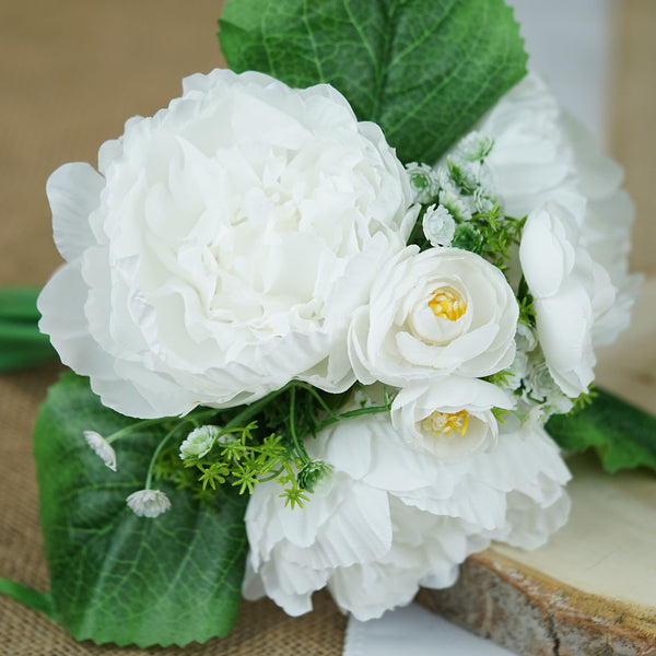12'' Tall White Artificial Peony Silk Flowers Bouquet