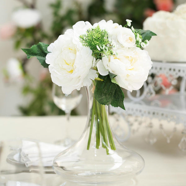 12'' Tall White Artificial Peony Silk Flowers Bouquet