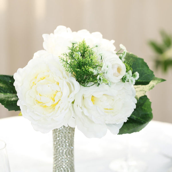 12'' Tall White Artificial Peony Silk Flowers Bouquet