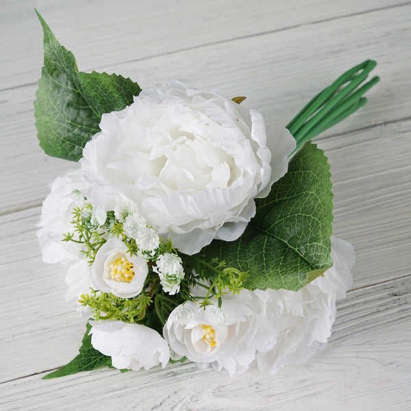 12'' Tall White Artificial Peony Silk Flowers Bouquet