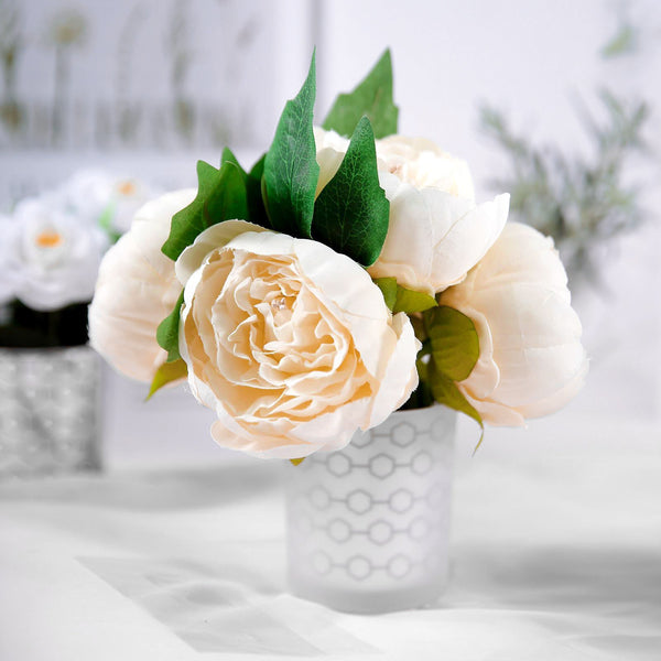 10inches Tall | Beige 5 Heads Silk Peonies, Artificial Peony Flower Bouquet