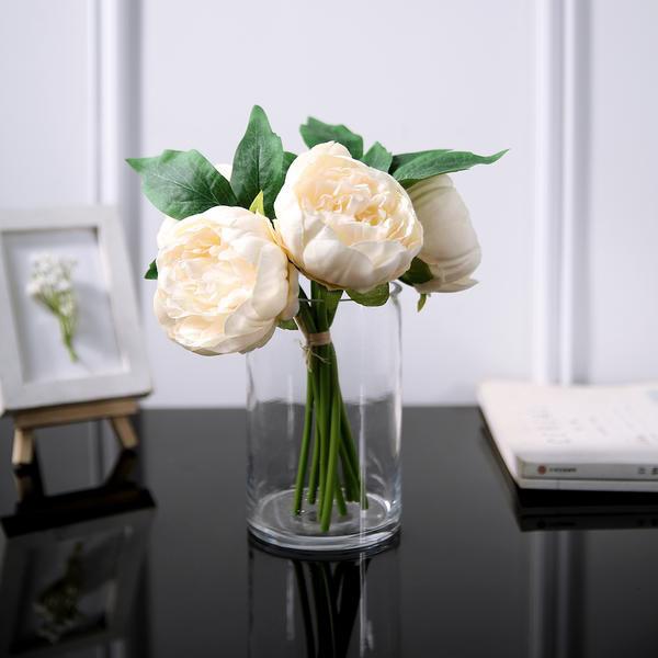 10inches Tall | Beige 5 Heads Silk Peonies, Artificial Peony Flower Bouquet