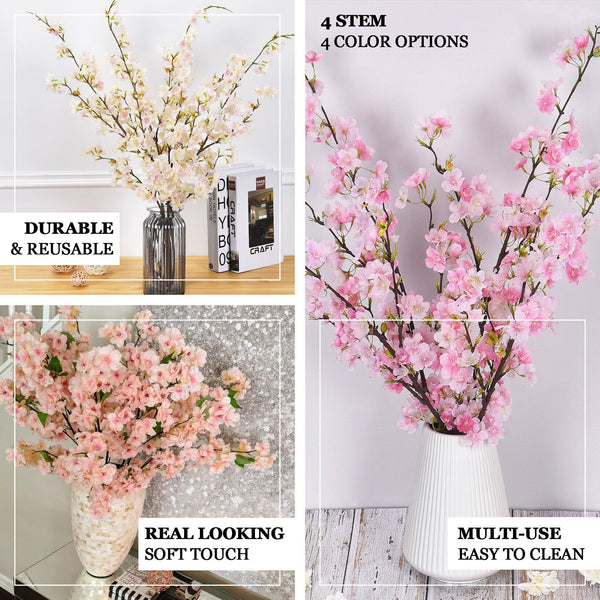 4 Bushes | 40" Tall White Silk Artificial Flowers Faux Cherry Blossoms Branches