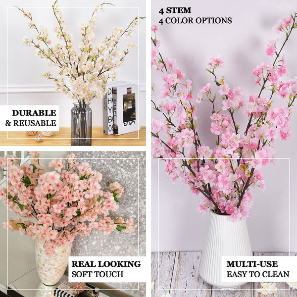 4 Bushes | 40" Tall Silk Artificial Flowers Faux Cherry Blossoms Branches - Blush | Rose Gold
