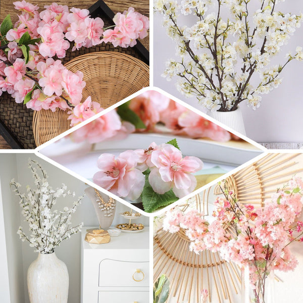 4 Bushes | 40" Tall White Silk Artificial Flowers Faux Cherry Blossoms Branches