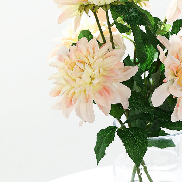 2 Pack | 30inch Cream/Blush Long Stem Artificial Dahlia Flower Spray, Rose Gold Silk Flower Bouquet