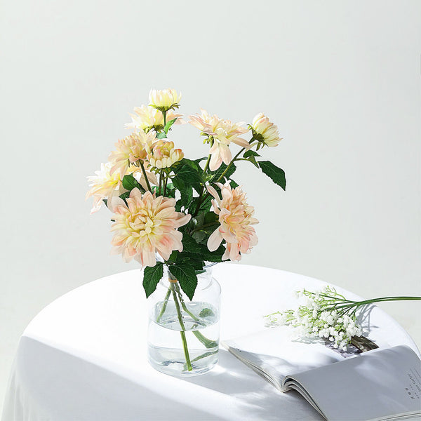 2 Pack | 30inch Cream/Blush Long Stem Artificial Dahlia Flower Spray, Rose Gold Silk Flower Bouquet