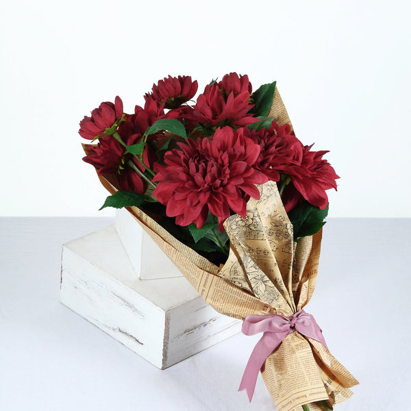 2 Pack | 30inch Burgundy Long Stem Artificial Dahlia Flower Spray, Silk Flower Bouquet