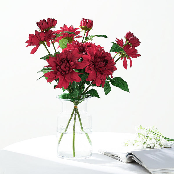 2 Pack | 30inch Burgundy Long Stem Artificial Dahlia Flower Spray, Silk Flower Bouquet