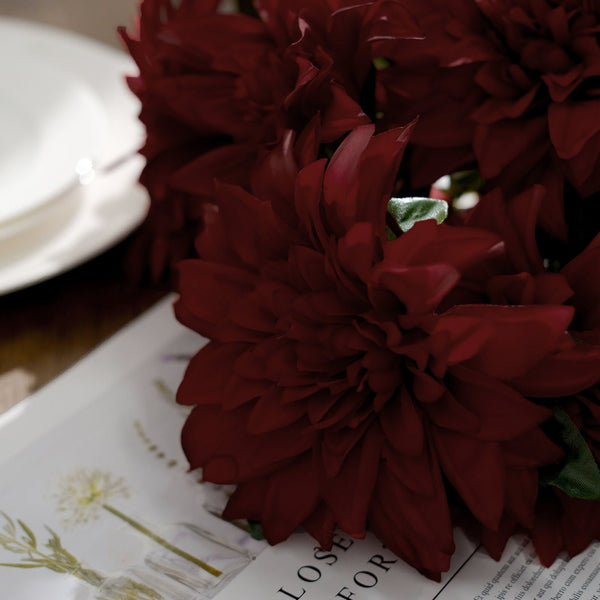 Pack of 2 | 20inch Burgundy Dahlia Flower Bushes, Artificial Wedding Bouquets