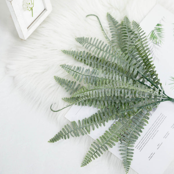 2 Bushes | 18Inch Artificial Boston Fern Leaf Stems, Faux Fern Plants Decor - Frosted Green
