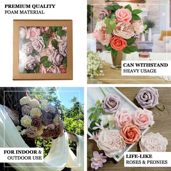 Artificial Roses, Peonies, Daisy & Hydrangea Mix Faux Flowers Box with Stem and Leaves
