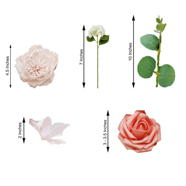 Artificial Roses, Peonies, Daisy & Hydrangea Mix Faux Flowers Box with Stem and Leaves - Assorted Colors