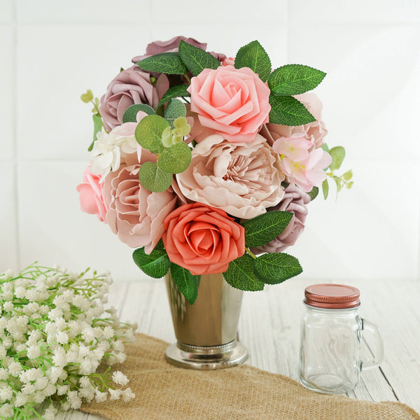 Artificial Roses, Peonies, Daisy & Hydrangea Mix Faux Flowers Box with Stem and Leaves