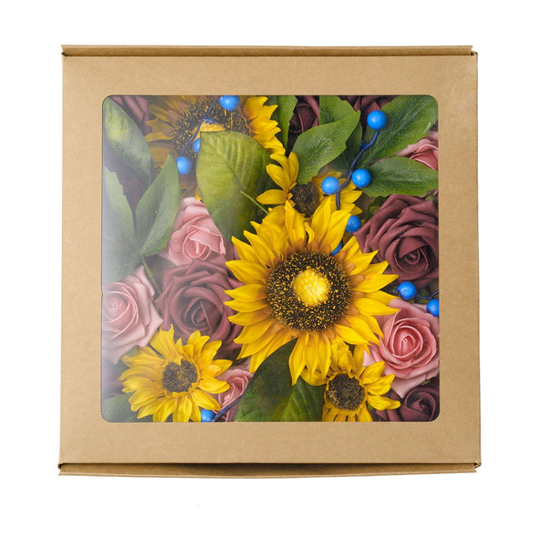 Artificial Silk Sunflowers & Foam Roses Mix Faux Flowers Box With Eucalyptus And Ivy Leaves