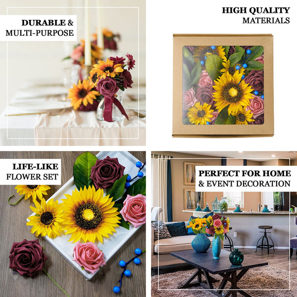 Artificial Silk Sunflowers & Foam Roses Mix Faux Flowers Box With Eucalyptus And Ivy Leaves