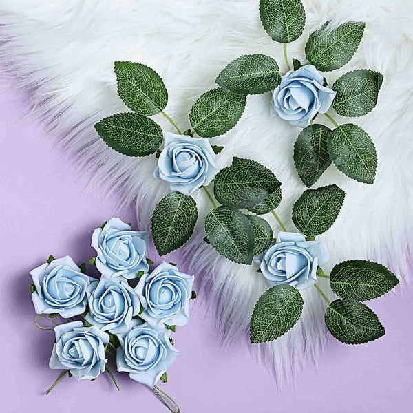 24 Roses | 2inch Dusty Blue Artificial Foam Rose With Stem And Leaves - 16 Colors