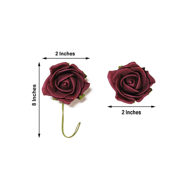 24 Roses | 2" Burgundy Artificial Foam Rose With Stem And Leaves - 16 Colors