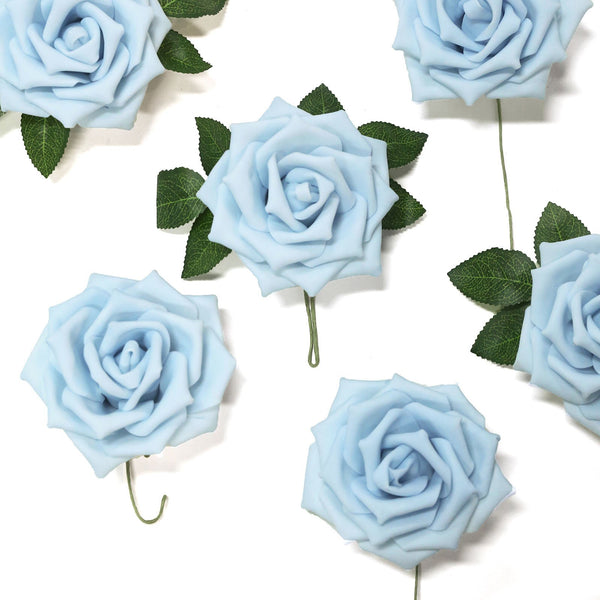 24 Roses 5inch Dusty Blue Artificial Foam Rose With Stems And Leaves 16 Colors
