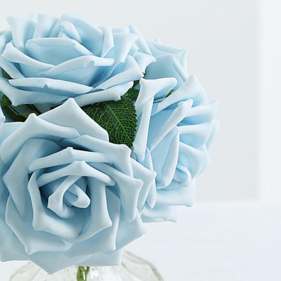 24 Roses 5inch Dusty Blue Artificial Foam Rose With Stems And Leaves 16 Colors#whtbkgd