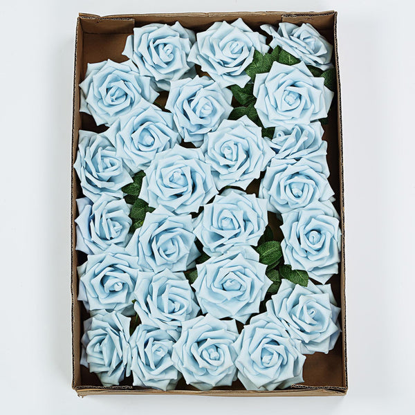 24 Roses 5inch Dusty Blue Artificial Foam Rose With Stems And Leaves 16 Colors