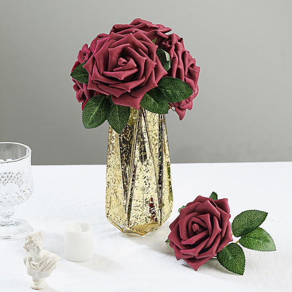 24 PCS 5inch Burgundy Real Touch DIY Foam Rose Flowers With Stems And Leaves