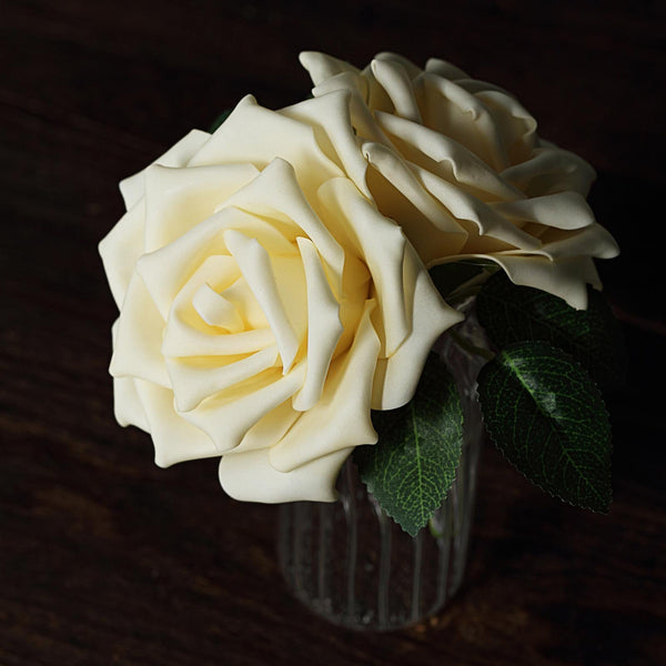 24 Roses 5inch Cream Artificial Foam Rose With Stems And Leaves 16 Colors