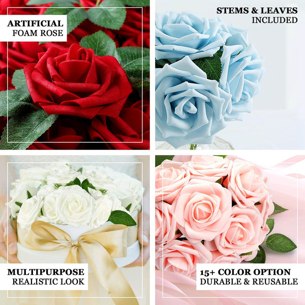 24 Roses | 5" Cream Artificial Foam Rose With Stems And Leaves - 16 Colors