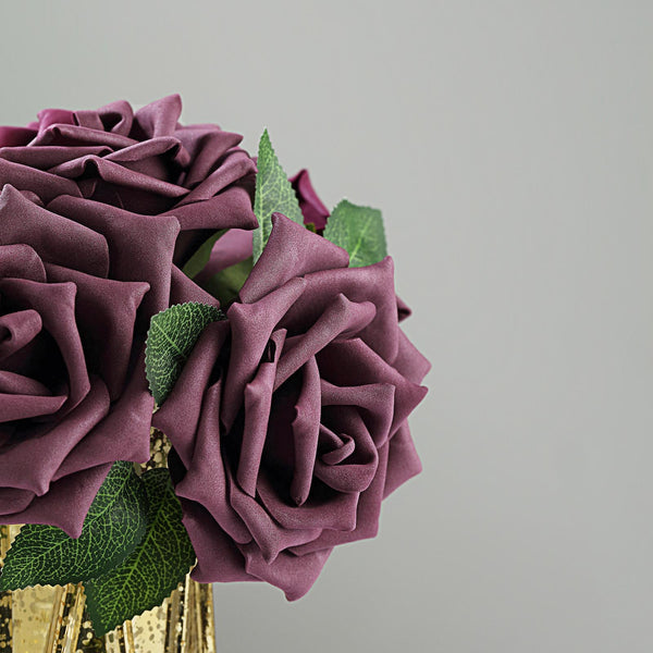 24 Roses 5inch Eggplant Artificial Foam Rose With Stems And Leaves 16 Colors#whtbkgd