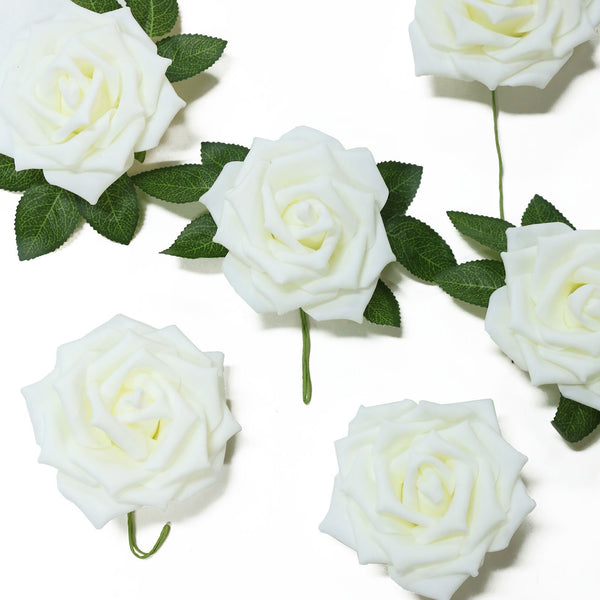 24 Roses 5inch Ivory Artificial Foam Rose With Stems And Leaves 16 Colors