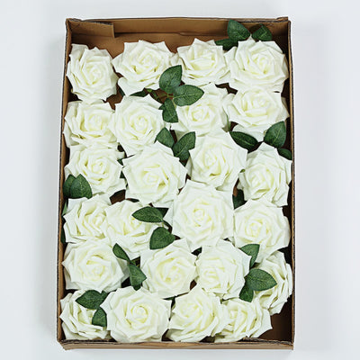 24 Roses 5inch Ivory Artificial Foam Rose With Stems And Leaves 16 Colors