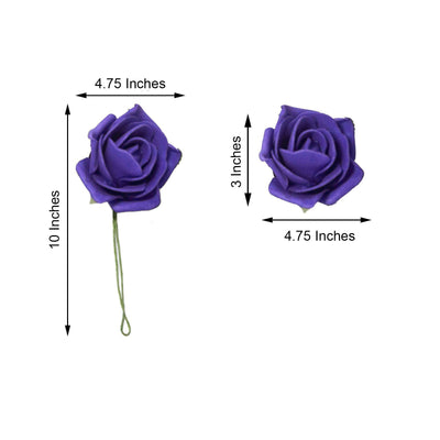 24 Pcs | 5" Purple Foam Rose With Stem And Leaves - 16 Colors