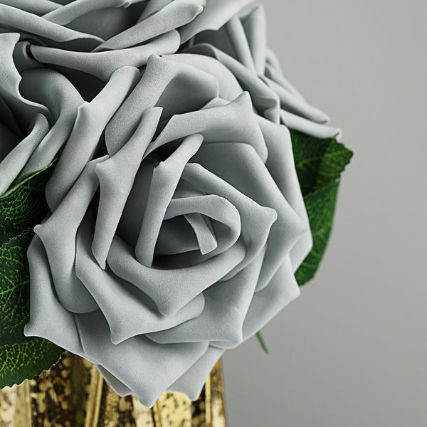 24 Roses 5inch Silver Artificial Foam Rose With Stems And Leaves 16 Colors#whtbkgd