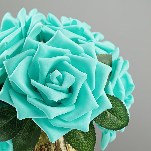 24 Roses 5inch Turquoise Artificial Foam Rose With Stems And Leaves 16 Colors#whtbkgd