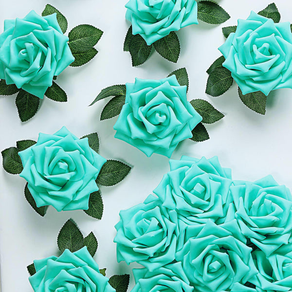24 Roses 5inch Turquoise Artificial Foam Rose With Stems And Leaves 16 Colors