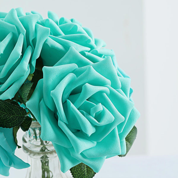 24 Roses 5inch Turquoise Artificial Foam Rose With Stems And Leaves 16 Colors