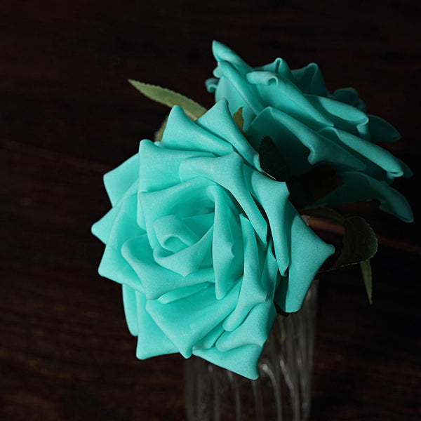 24 Roses 5inch Turquoise Artificial Foam Rose With Stems And Leaves 16 Colors