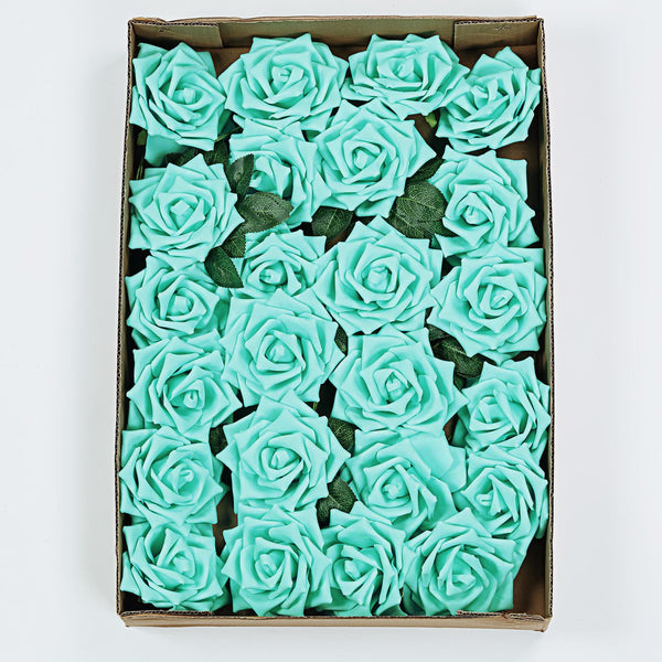 24 Roses 5inch Turquoise Artificial Foam Rose With Stems And Leaves 16 Colors