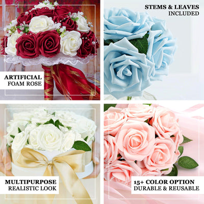 24 Roses | 2" Ivory Artificial Foam Rose With Stem And Leaves - 16 Colors