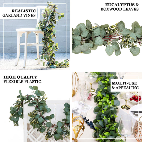 6.5FT | Frosted Real Touch Eucalyptus & Boxwood Leaves Green Artificial Garland Vines