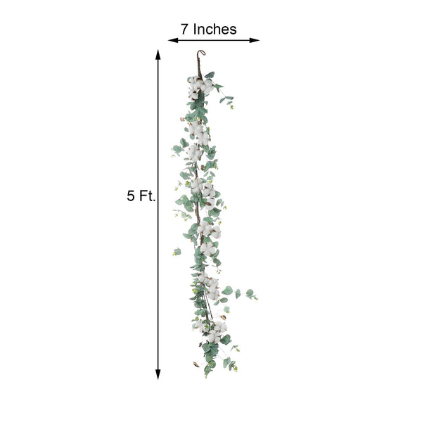 5 Feet | Green Artificial Eucalyptus Leaves Garland with White Natural Cotton Balls