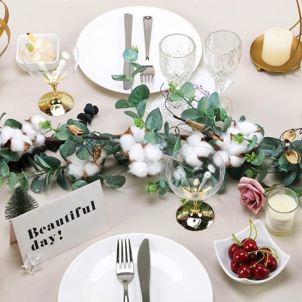 5 FT Green Artificial Eucalyptus Leaves Garland with White Natural Cotton Bolls