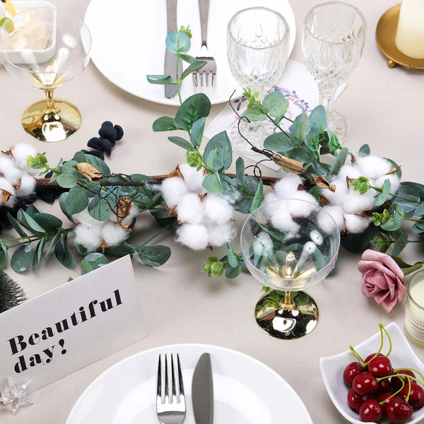 5 FT Green Artificial Eucalyptus Leaves Garland with White Natural Cotton Bolls