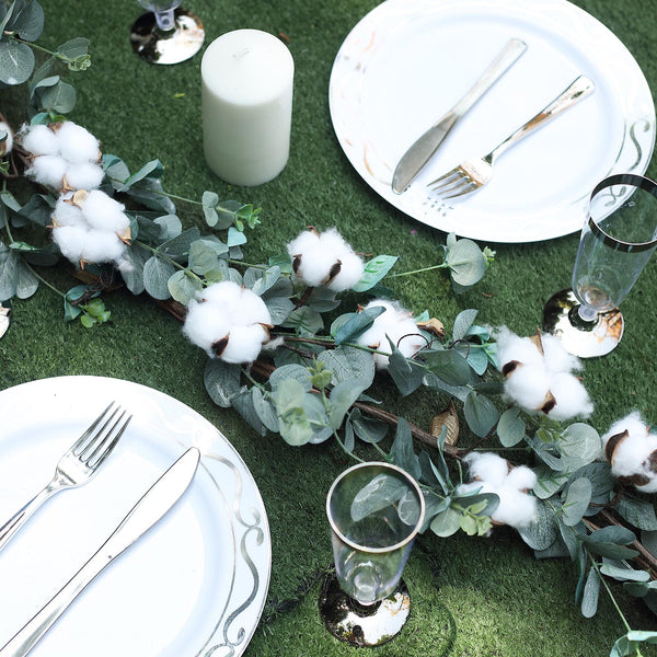 5 FT Green Artificial Eucalyptus Leaves Garland with White Natural Cotton Bolls