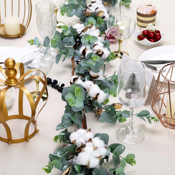 5 FT Green Artificial Eucalyptus Leaves Garland with White Natural Cotton Bolls